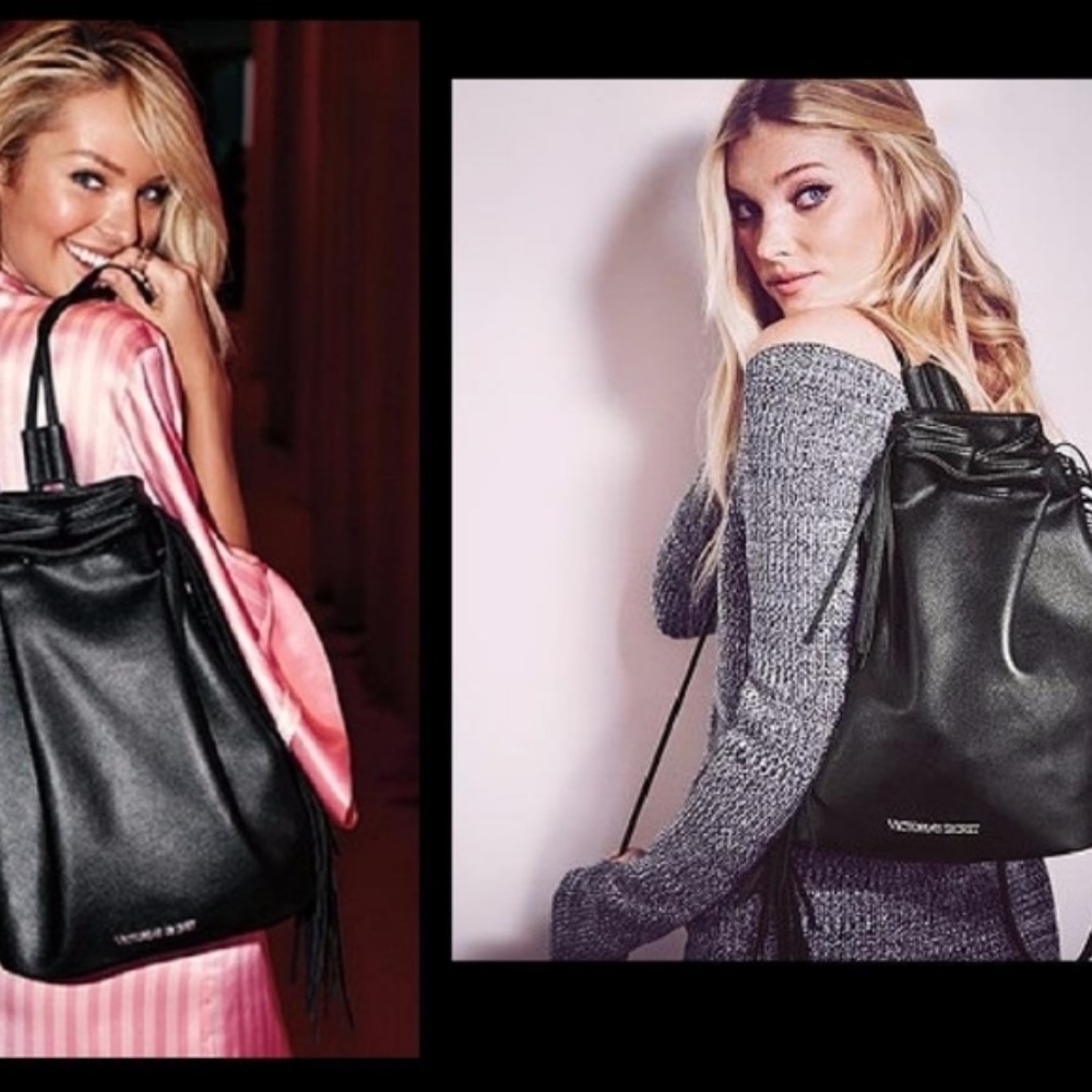 VICTORIA SECRET FASHION SHOW Fringe Backpack Monogramed Black Boho Bag.